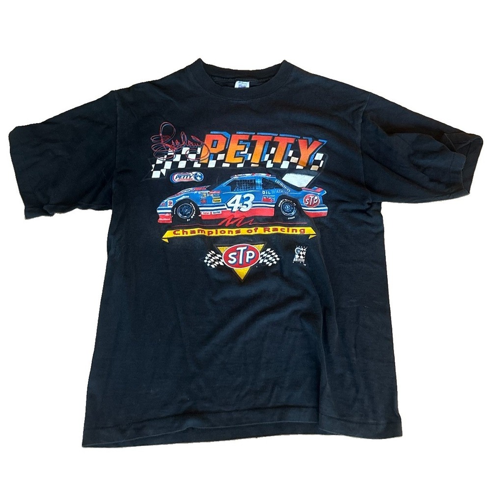 Vintage 90s Richard Petty NASCAR T Shirt Logo 7 Black Large Single Stitch